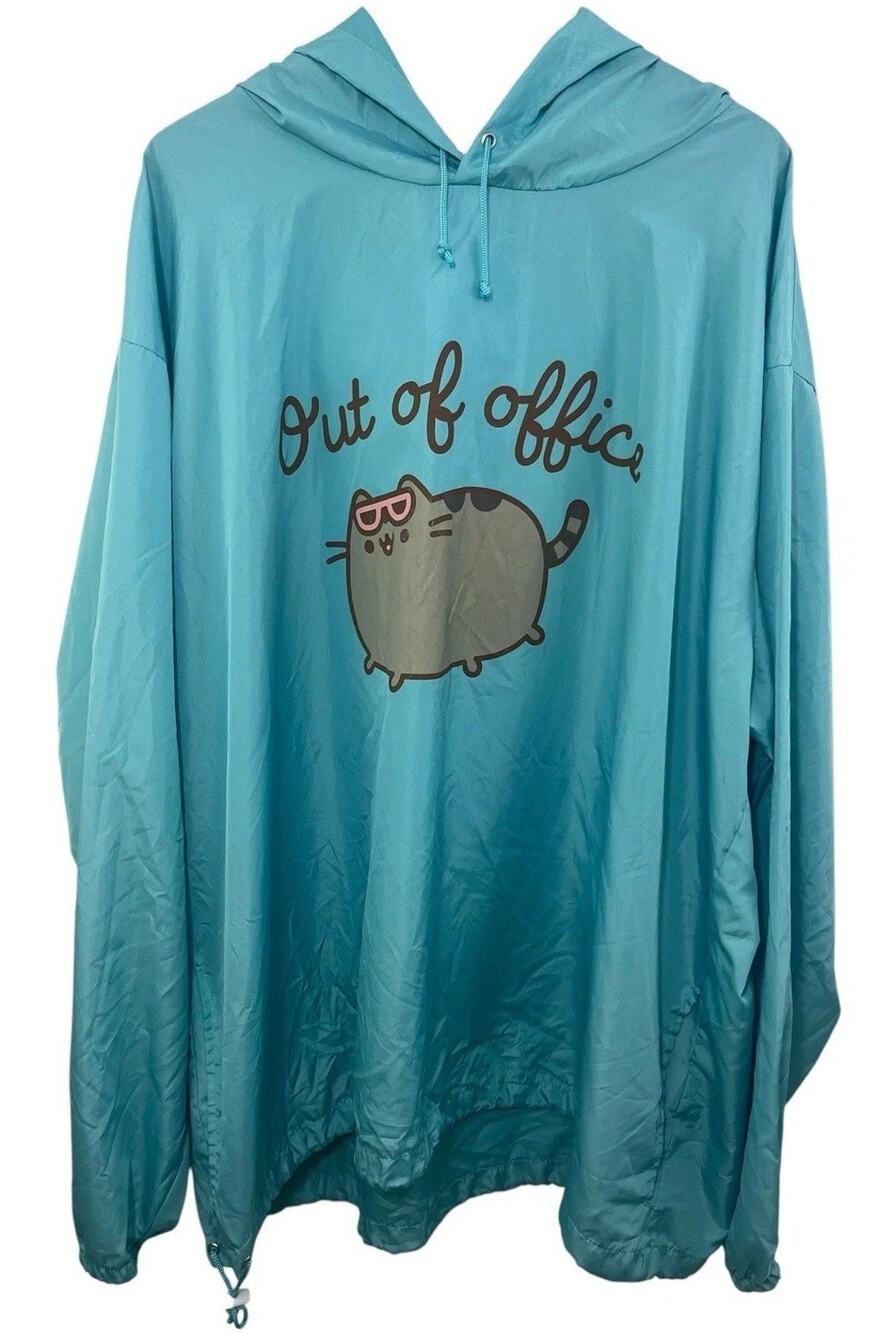 Pusheen Windbreaker Jacket Blue Cat Out Of Office Hooded 3XL Oversized Anime
